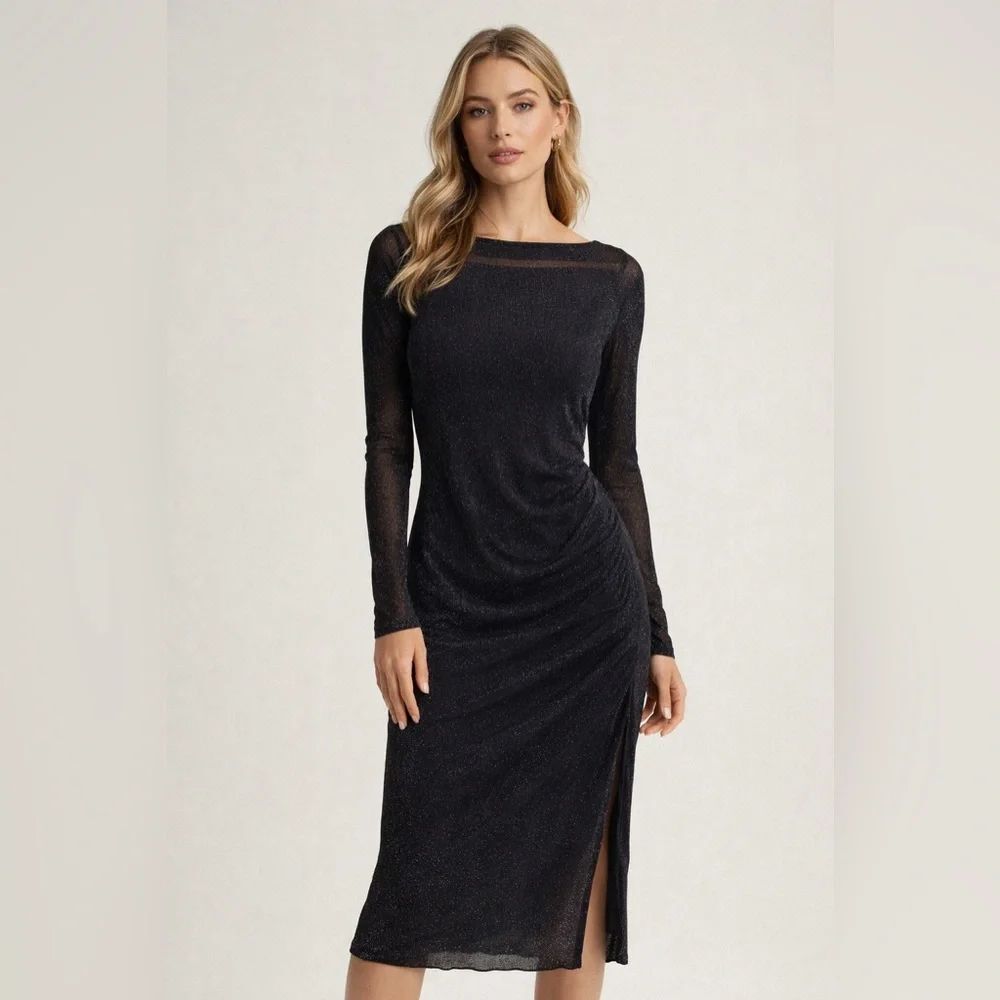 Miou Muse Black Sheer Ruched Midi Dress Stretchy Mesh Bodycon Evening Party M